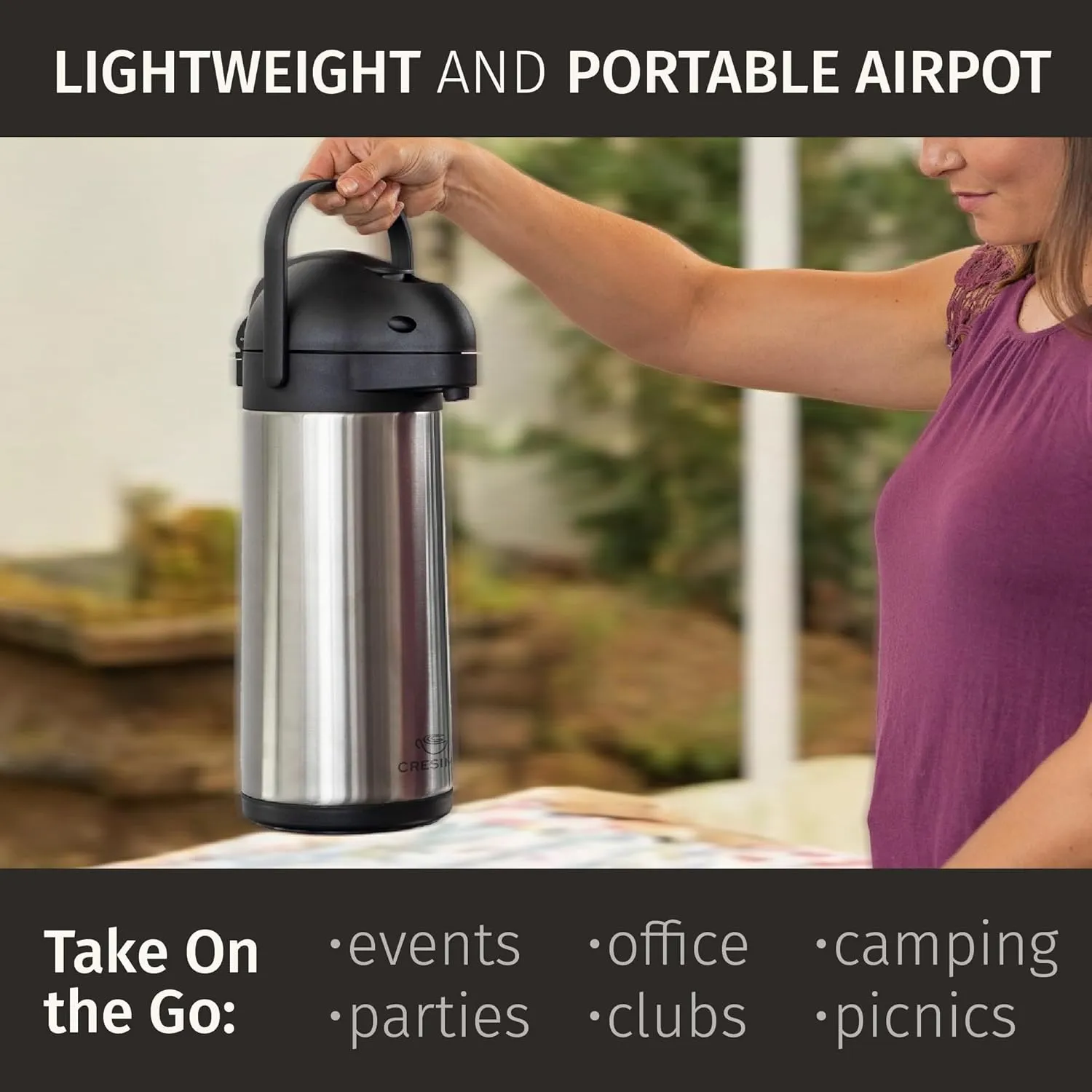 Cresimo Coffee Carafe with Pump - 102oz / 3L Airpot 12 Hours Large Hot Water Carafe, Cocoa Dispenser for Parties - Tea Flask, Insulated Stainless Steel Air Pots for Hot Beverage Dispenser -Coffee Pump