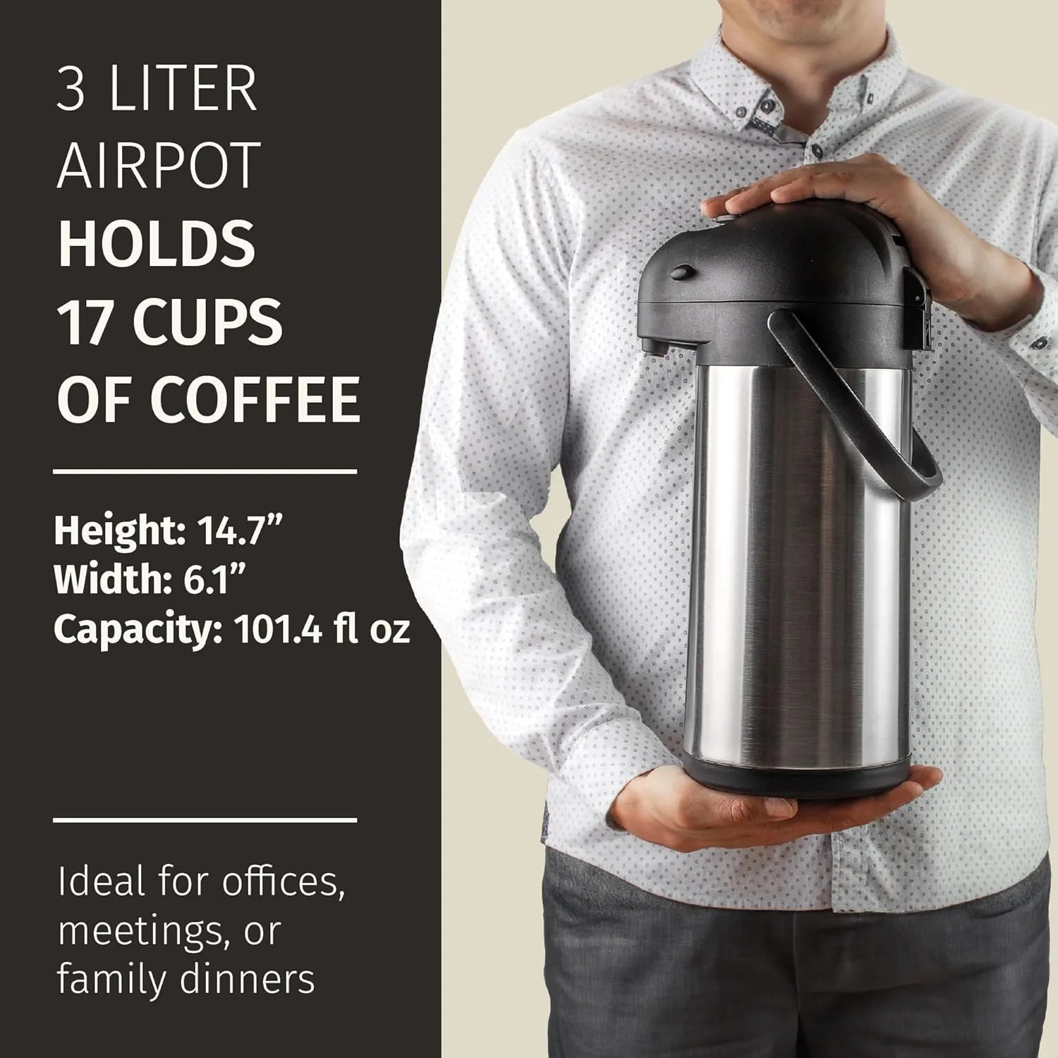 Cresimo Coffee Carafe with Pump - 102oz / 3L Airpot 12 Hours Large Hot Water Carafe, Cocoa Dispenser for Parties - Tea Flask, Insulated Stainless Steel Air Pots for Hot Beverage Dispenser -Coffee Pump