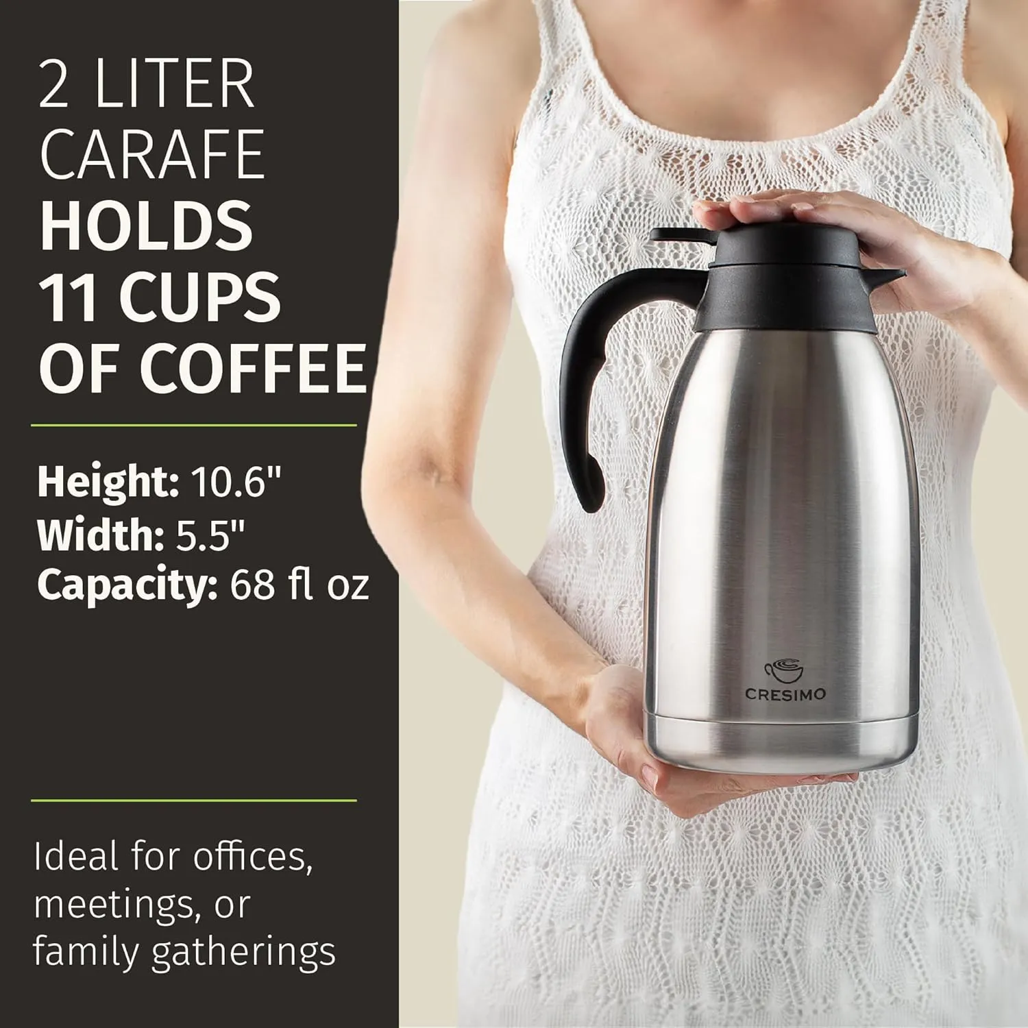 Cresimo Thermal Coffee Carafe 68oz / 2L - 12 Hours Hot Beverage Dispenser, Insulated Stainless Steel Carafe for Liquids, Coffee Carafes For Keeping Hot Water Dispenser for Parties - Large Tea Flask