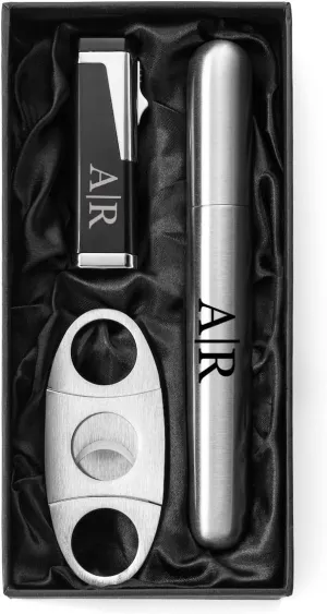 Custom Engraved Stainless Steel Cigar Tube Flask, Cutter, & Triple Flame Torch Lighter with Punch Cutter Gift Set Box Personalized (Initials Monogram)