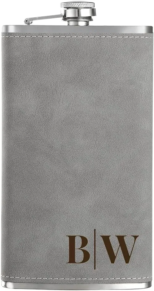 Custom Gift with "Mountain Range" Icon, 12 oz Personalized Hip Flask for Men, Stainless Steel Large Engraved Flask for Hunting Travel Hiking Climbing, Grey