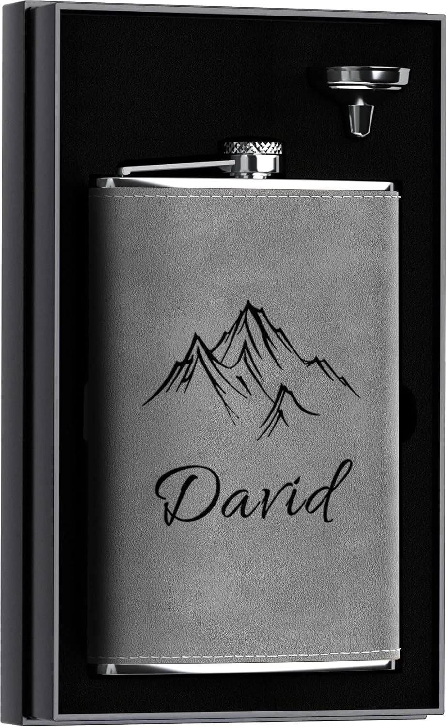 Custom Gift with "Mountain Range" Icon, 12 oz Personalized Hip Flask for Men, Stainless Steel Large Engraved Flask for Hunting Travel Hiking Climbing, Grey