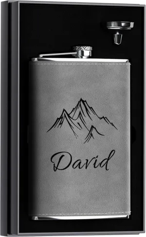 Custom Gift with "Mountain Range" Icon, 12 oz Personalized Hip Flask for Men, Stainless Steel Large Engraved Flask for Hunting Travel Hiking Climbing, Grey
