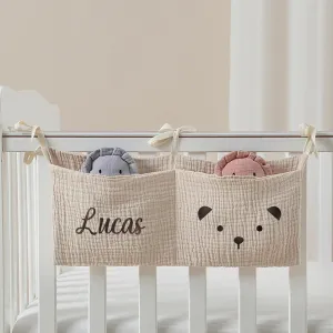 Custom Name Baby Bedside Hanging Storage Bag: Personalized Linen Muslin 2 Pockets Nursery Hanging Organizers for Baby Cribs and Toys