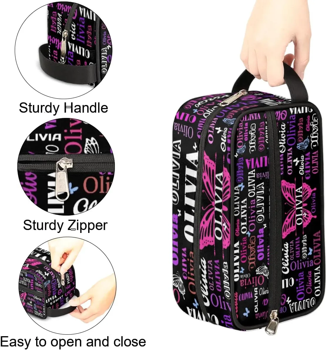 Customized Travel Makeup Toiletry Bag with Butterflies, Black Background Waterproof Large Cosmetic Bag Makeup Shaving Bag Organizer Case