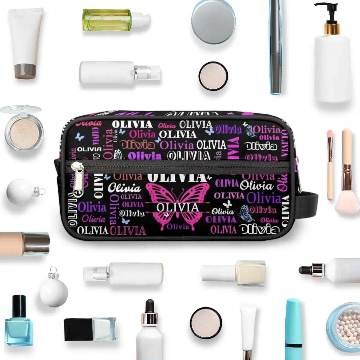 Customized Travel Makeup Toiletry Bag with Butterflies, Black Background Waterproof Large Cosmetic Bag Makeup Shaving Bag Organizer Case