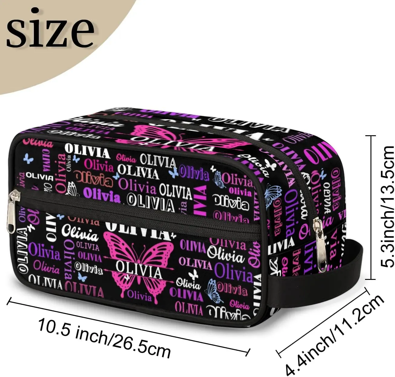 Customized Travel Makeup Toiletry Bag with Butterflies, Black Background Waterproof Large Cosmetic Bag Makeup Shaving Bag Organizer Case