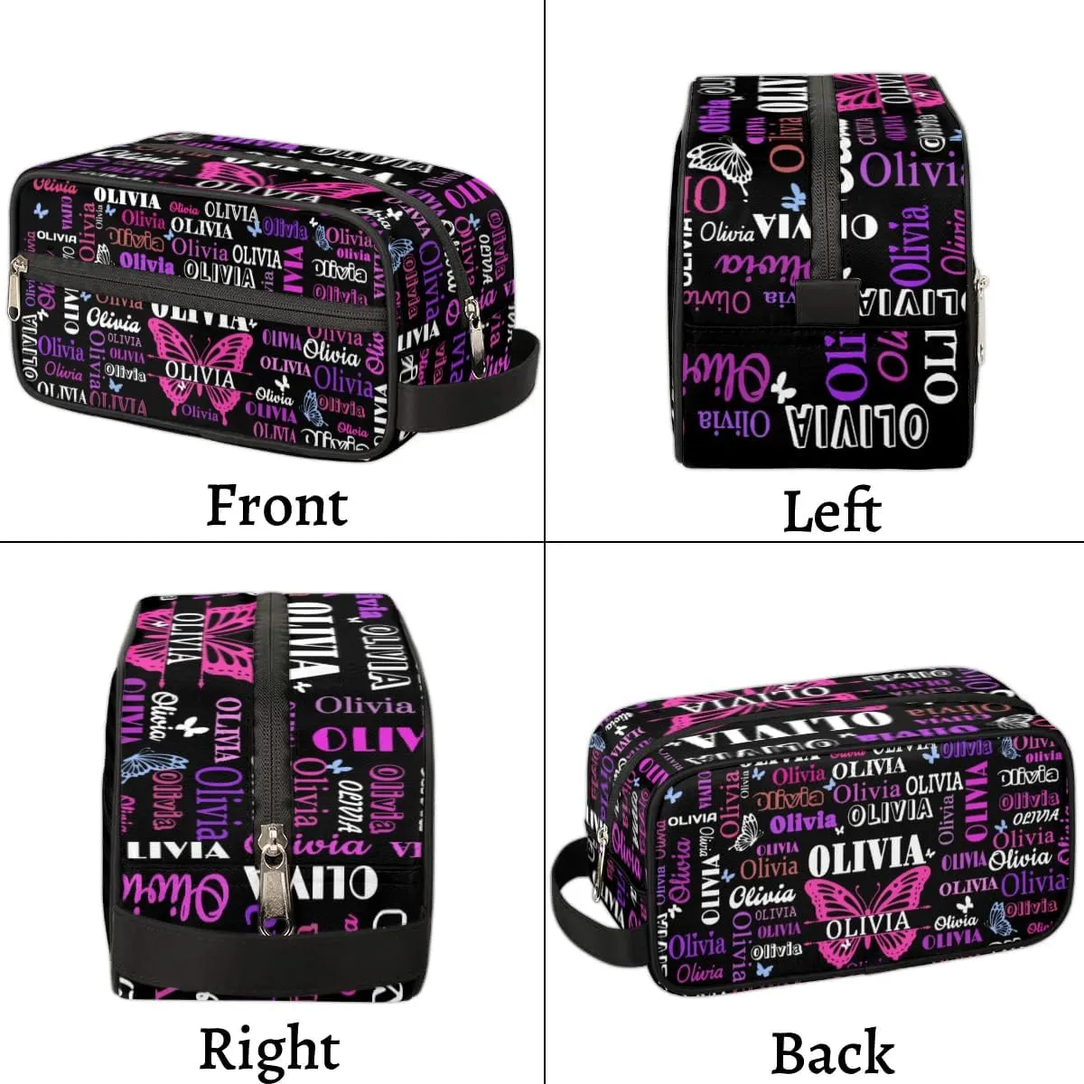 Customized Travel Makeup Toiletry Bag with Butterflies, Black Background Waterproof Large Cosmetic Bag Makeup Shaving Bag Organizer Case