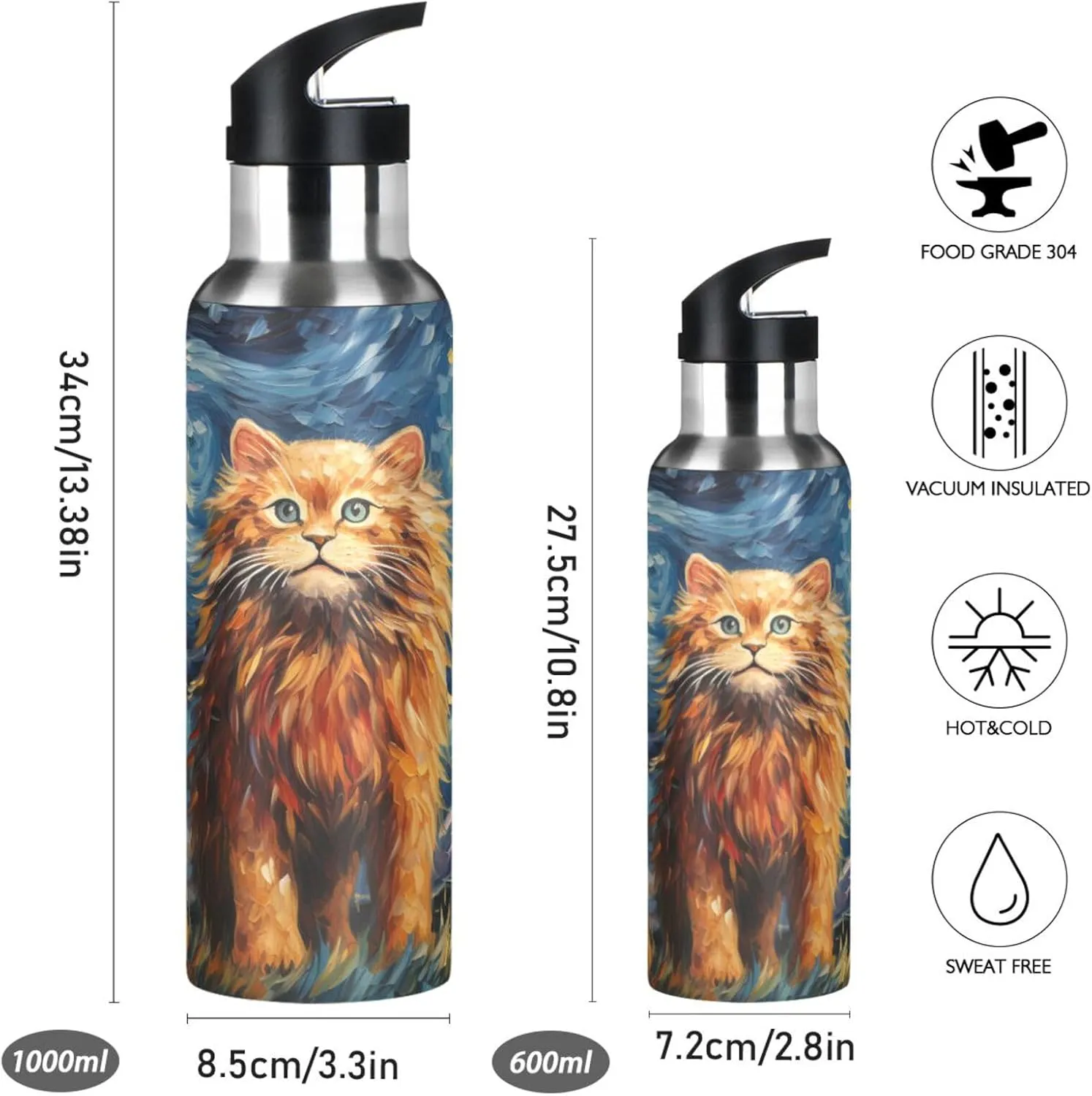 Cute Animal Lion Moon Sport Water Bottle Insulated Stainless Steel Large Vacuum Flask Leak Proof Thermos with Straw for Travel(600ml/1000ml)