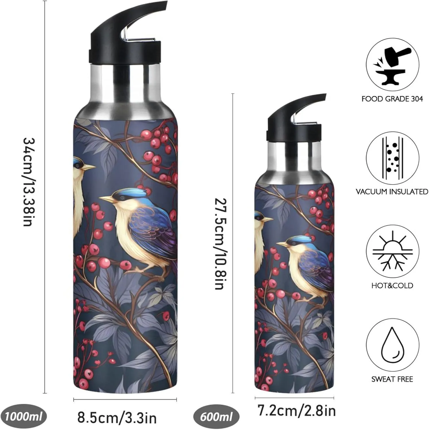 Cute Artwork Birds Forest Sport Water Bottle Insulated Stainless Steel Large Vacuum Flask Leak Proof Thermos with Straw for Travel(600ml/1000ml)