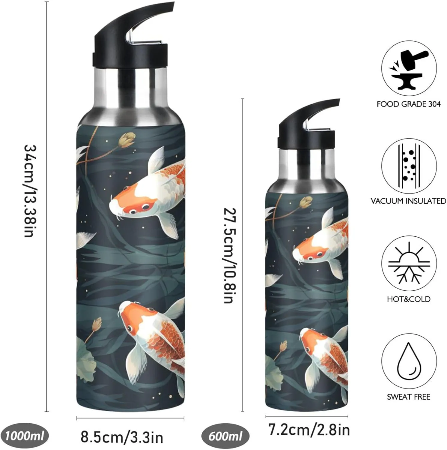 Cute Artwork Lucky Fish Sport Water Bottle Insulated Stainless Steel Large Vacuum Flask Leak Proof Thermos with Straw for Travel(600ml/1000ml)