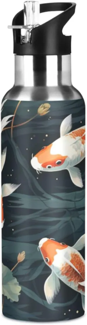 Cute Artwork Lucky Fish Sport Water Bottle Insulated Stainless Steel Large Vacuum Flask Leak Proof Thermos with Straw for Travel(600ml/1000ml)