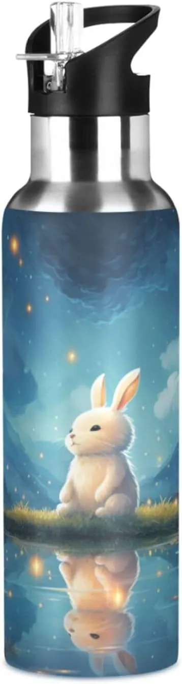 Cute Bunny Moon Sport Water Bottle Insulated Stainless Steel Large Vacuum Flask Leak Proof Thermos with Straw for Travel(600ml/1000ml)