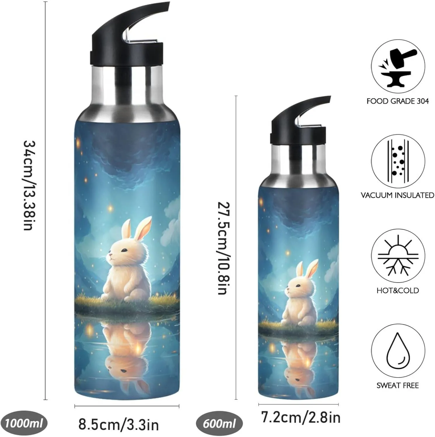 Cute Bunny Moon Sport Water Bottle Insulated Stainless Steel Large Vacuum Flask Leak Proof Thermos with Straw for Travel(600ml/1000ml)