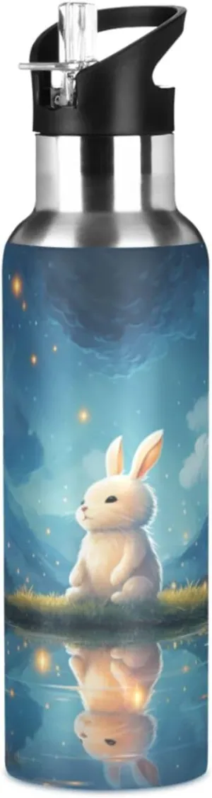 Cute Bunny Moon Sport Water Bottle Insulated Stainless Steel Large Vacuum Flask Leak Proof Thermos with Straw for Travel(600ml/1000ml)