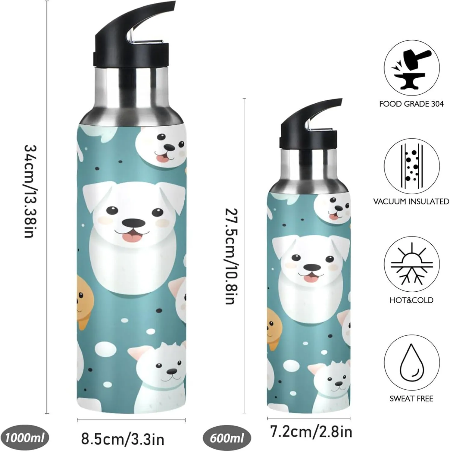Cute Cartoons White Dogs Sport Water Bottle Insulated Stainless Steel Large Vacuum Flask Leak Proof Thermos with Straw for Travel(600ml/1000ml)