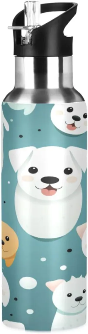 Cute Cartoons White Dogs Sport Water Bottle Insulated Stainless Steel Large Vacuum Flask Leak Proof Thermos with Straw for Travel(600ml/1000ml)