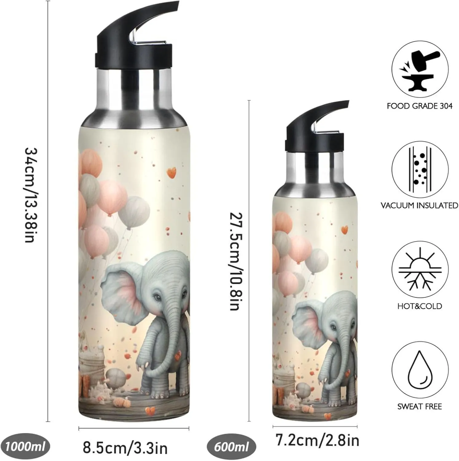 Cute Pink Elephant Art Sport Water Bottle Insulated Stainless Steel Large Vacuum Flask Leak Proof Thermos with Straw for Travel(600ml/1000ml)