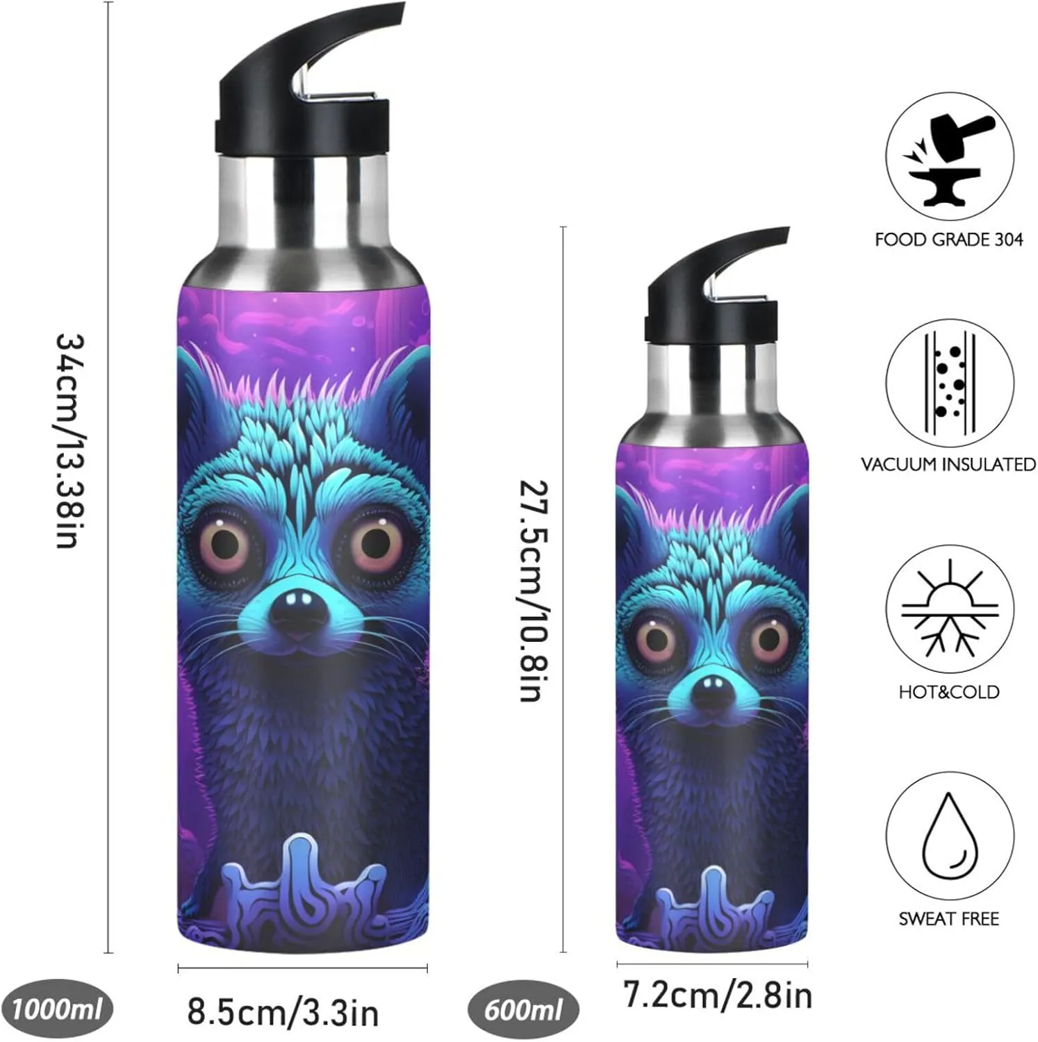 Cute Purple Lemur Sport Water Bottle Insulated Stainless Steel Large Vacuum Flask Leak Proof Thermos with Straw for Travel(600ml/1000ml)