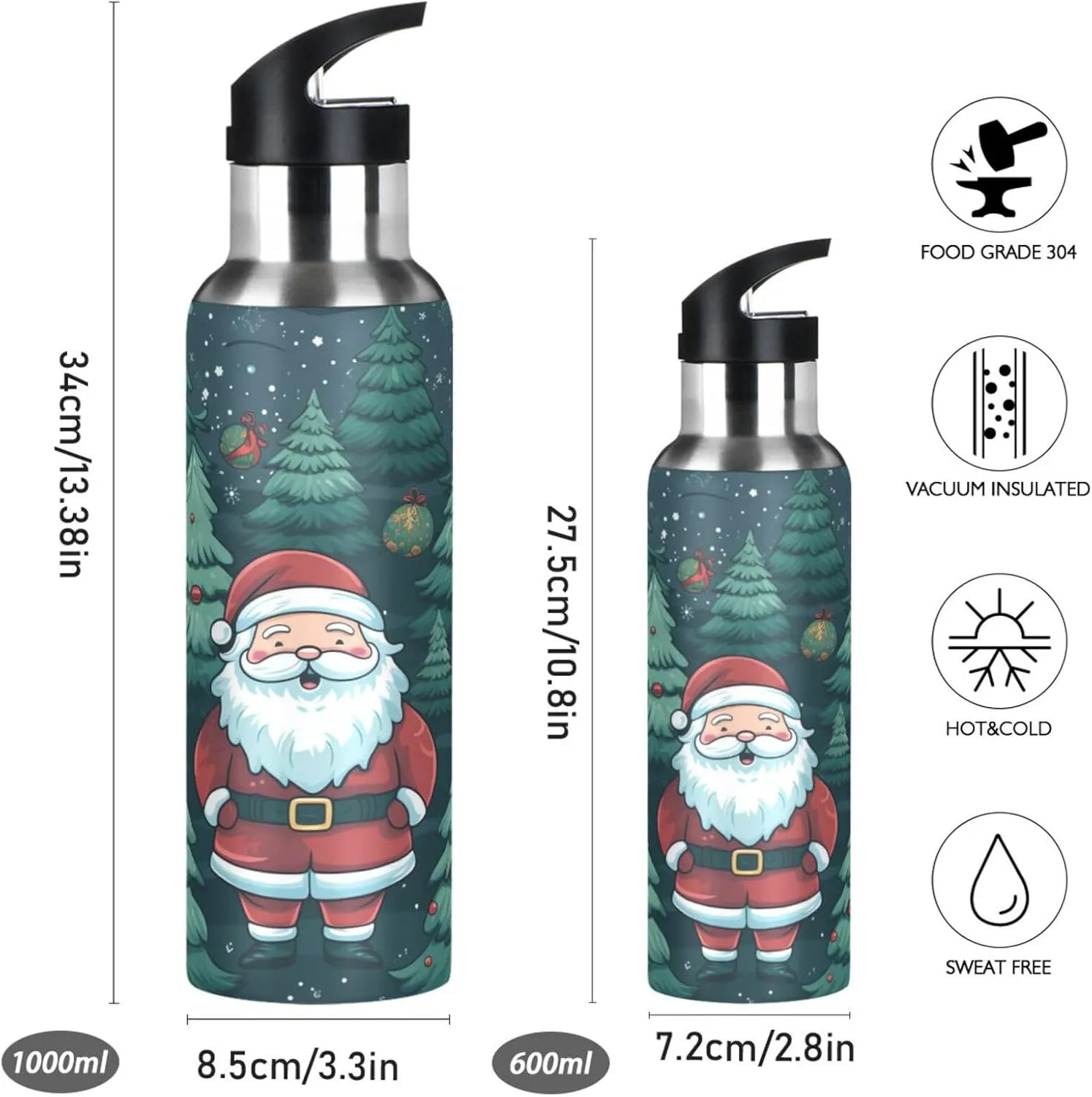 Cute Santa Christmas Sport Water Bottle Insulated Stainless Steel Large Vacuum Flask Leak Proof Thermos with Straw for Travel(600ml/1000ml)