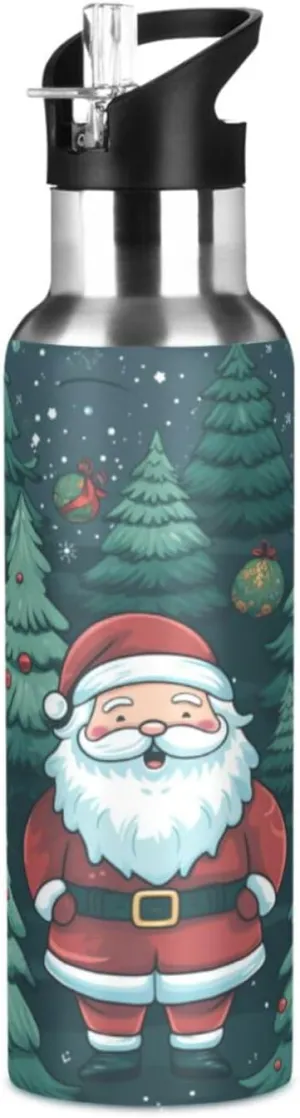 Cute Santa Christmas Sport Water Bottle Insulated Stainless Steel Large Vacuum Flask Leak Proof Thermos with Straw for Travel(600ml/1000ml)
