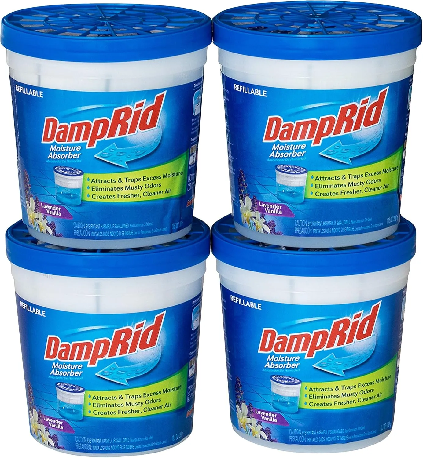 DampRid Lavender Vanilla Refillable Absorber Traps Moisture for Fresher, Cleaner Air, 4 Pack, Blue, 10.5 Ounces