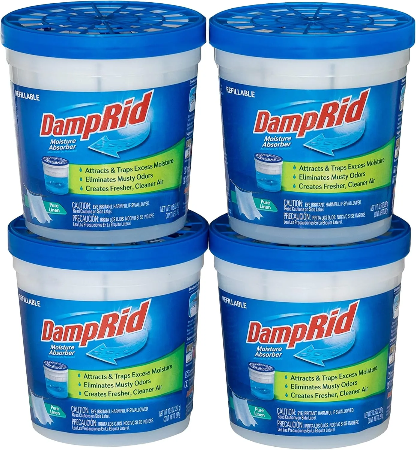 DampRid Pure Linen Refillable Absorber-10.5oz Traps Moisture for Fresher, Cleaner Air, 10.5oz cups - 4 pack, Blue, 4 Count