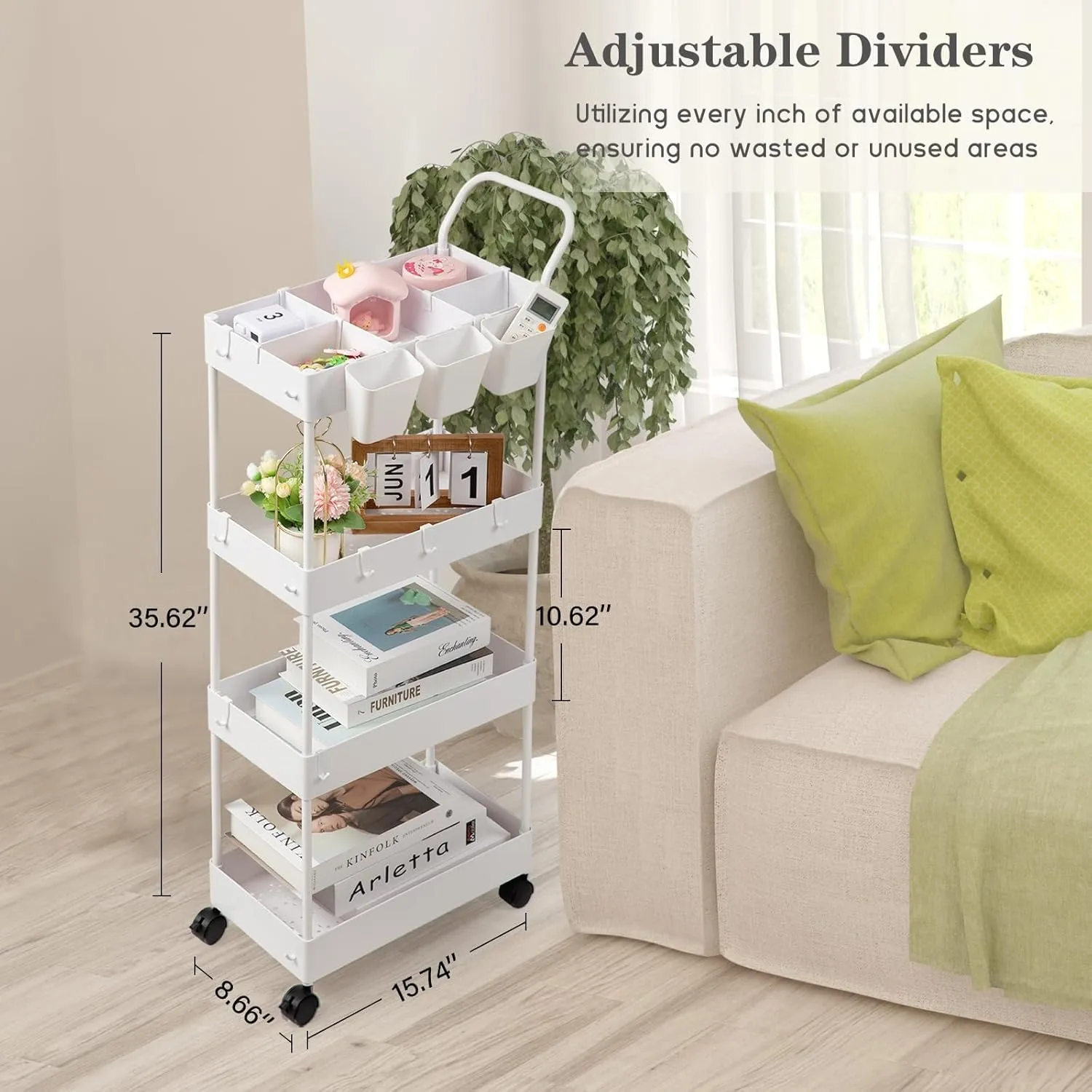 danpinera Storage Cart, 4 Tier Narrow Rolling Storage with Wheels & Dividers, Bathroom Organizer Slim Laundry Cart with Handle Hanging Cups Hooks, White