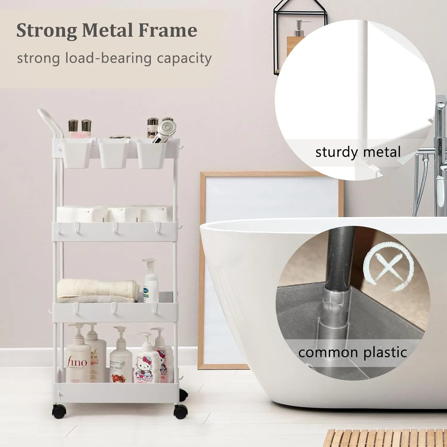 danpinera Storage Cart, 4 Tier Narrow Rolling Storage with Wheels & Dividers, Bathroom Organizer Slim Laundry Cart with Handle Hanging Cups Hooks, White
