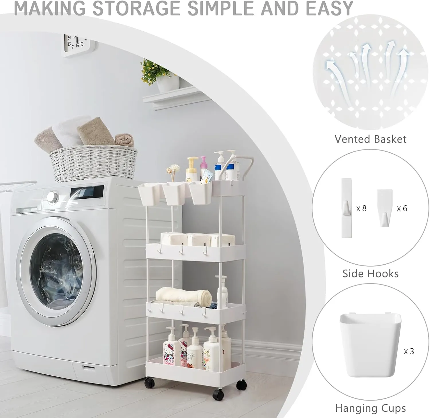 danpinera Storage Cart, 4 Tier Narrow Rolling Storage with Wheels & Dividers, Bathroom Organizer Slim Laundry Cart with Handle Hanging Cups Hooks, White