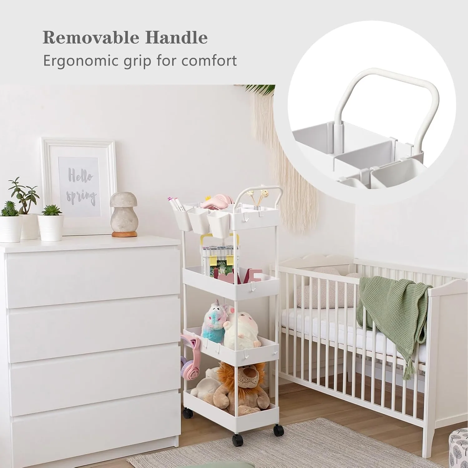 danpinera Storage Cart, 4 Tier Narrow Rolling Storage with Wheels & Dividers, Bathroom Organizer Slim Laundry Cart with Handle Hanging Cups Hooks, White