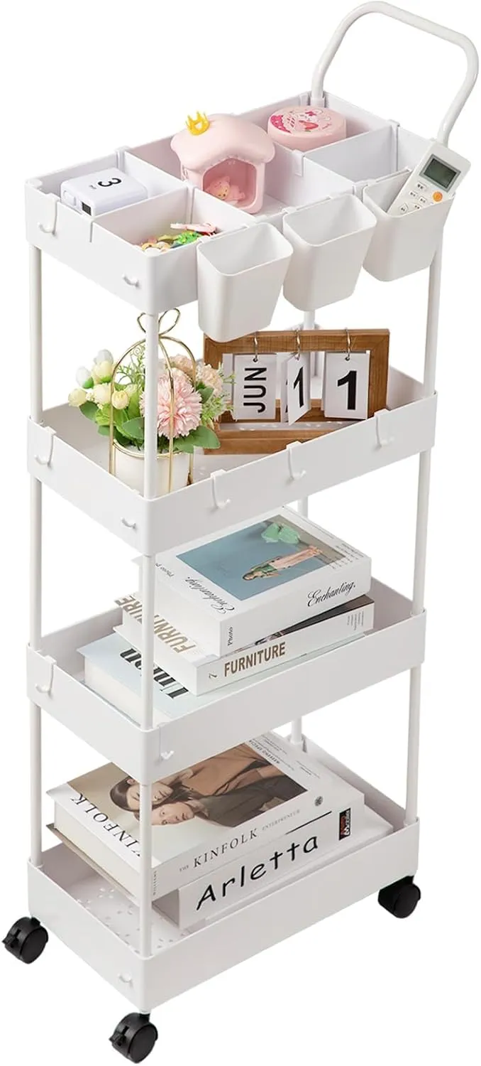danpinera Storage Cart, 4 Tier Narrow Rolling Storage with Wheels & Dividers, Bathroom Organizer Slim Laundry Cart with Handle Hanging Cups Hooks, White