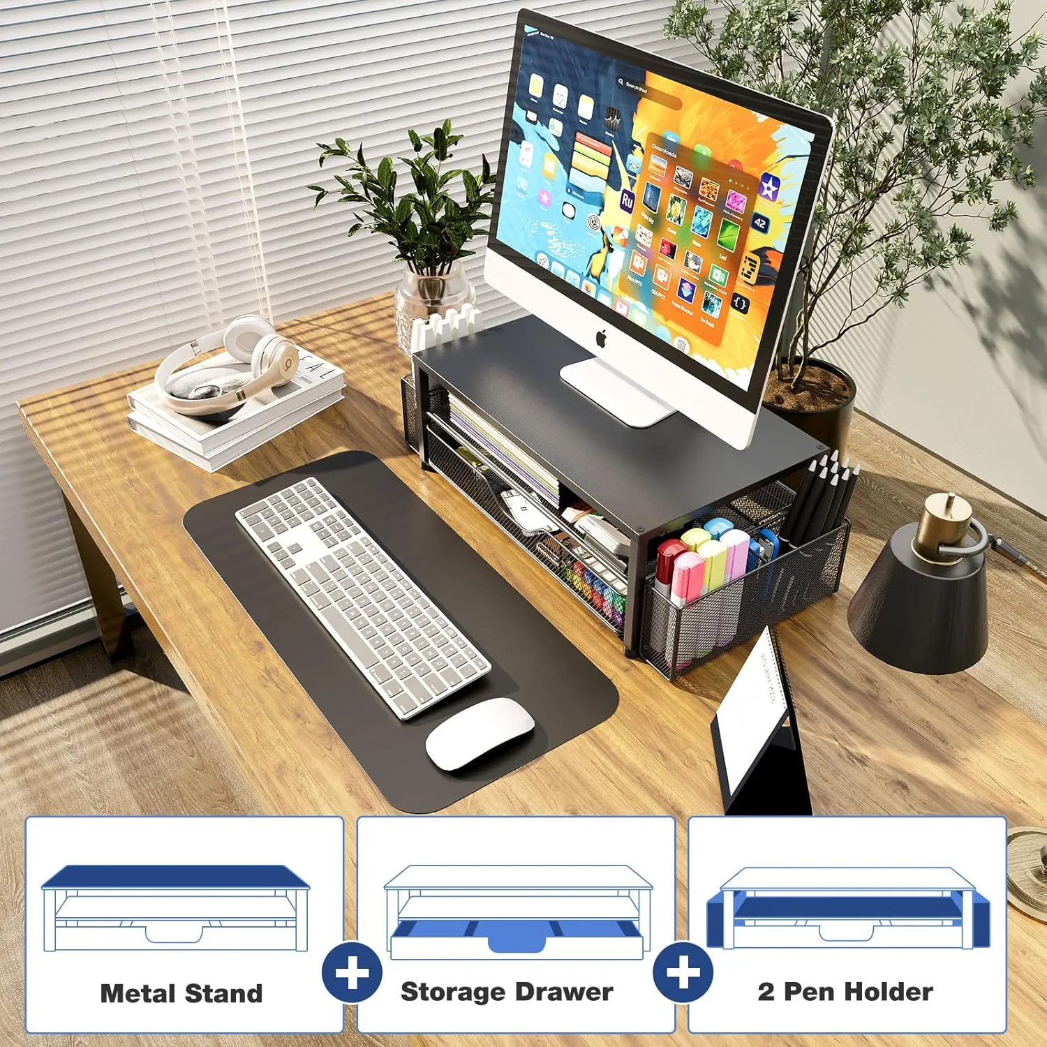 Desk Organizer and Accessories, 2-Tier Computer Monitor Stand Riser with Drawer and 2 Pen Holders, Office Desk Accessories for Office Supplies, Black