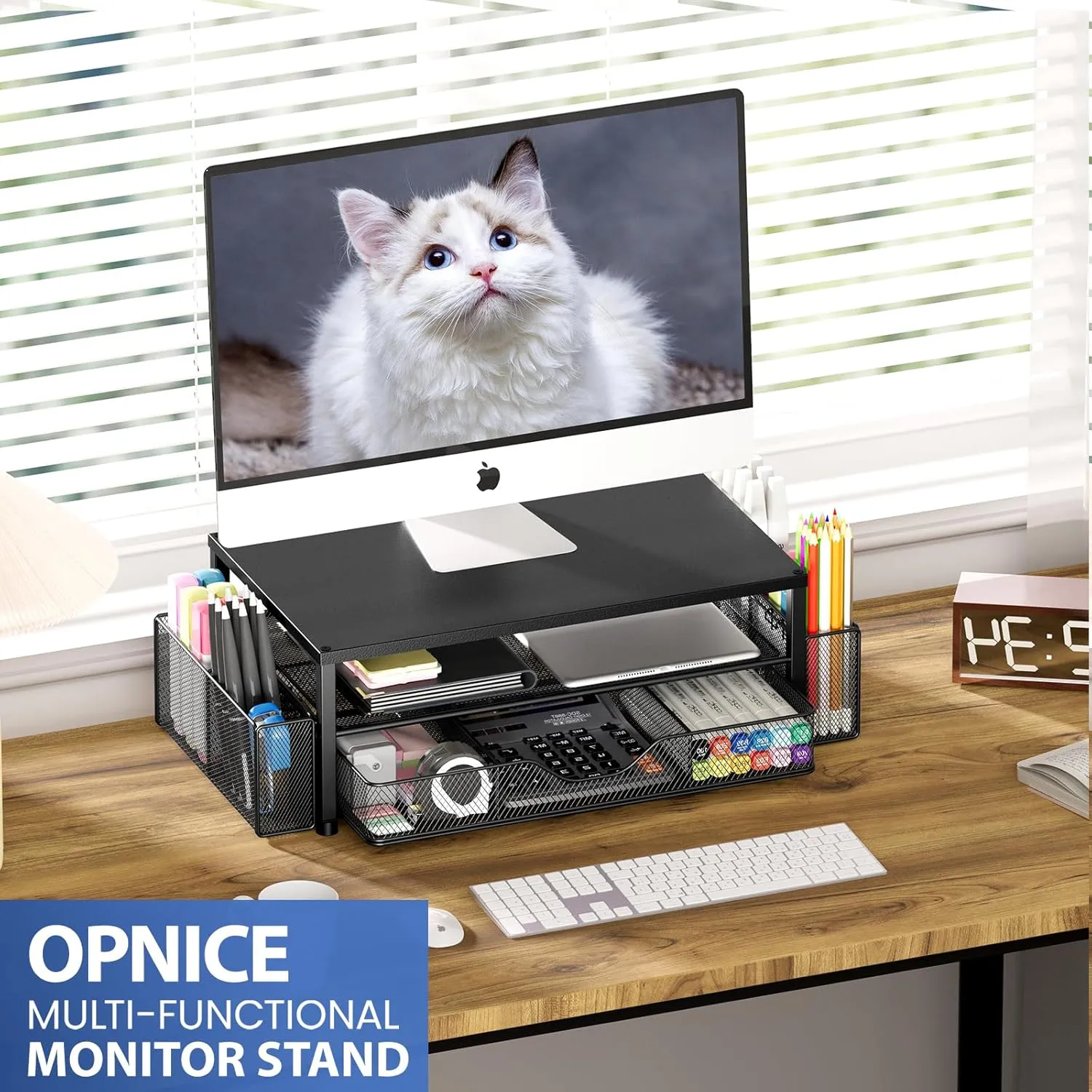 Desk Organizer and Accessories, 2-Tier Computer Monitor Stand Riser with Drawer and 2 Pen Holders, Office Desk Accessories for Office Supplies, Black