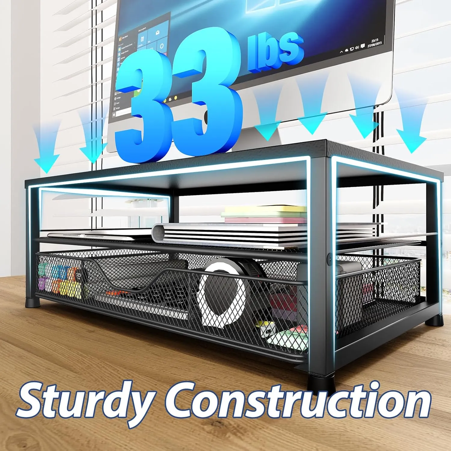 Desk Organizer and Accessories, 2-Tier Computer Monitor Stand Riser with Drawer and 2 Pen Holders, Office Desk Accessories for Office Supplies, Black