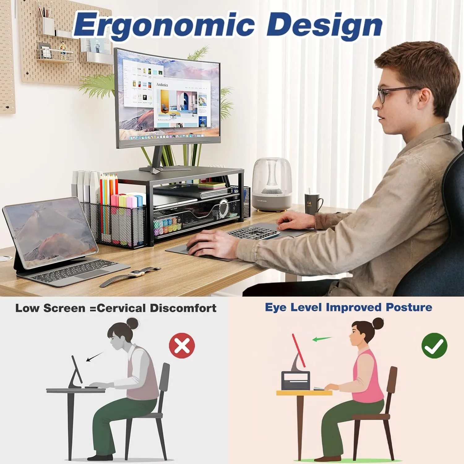 Desk Organizer and Accessories, 2-Tier Computer Monitor Stand Riser with Drawer and 2 Pen Holders, Office Desk Accessories for Office Supplies, Black