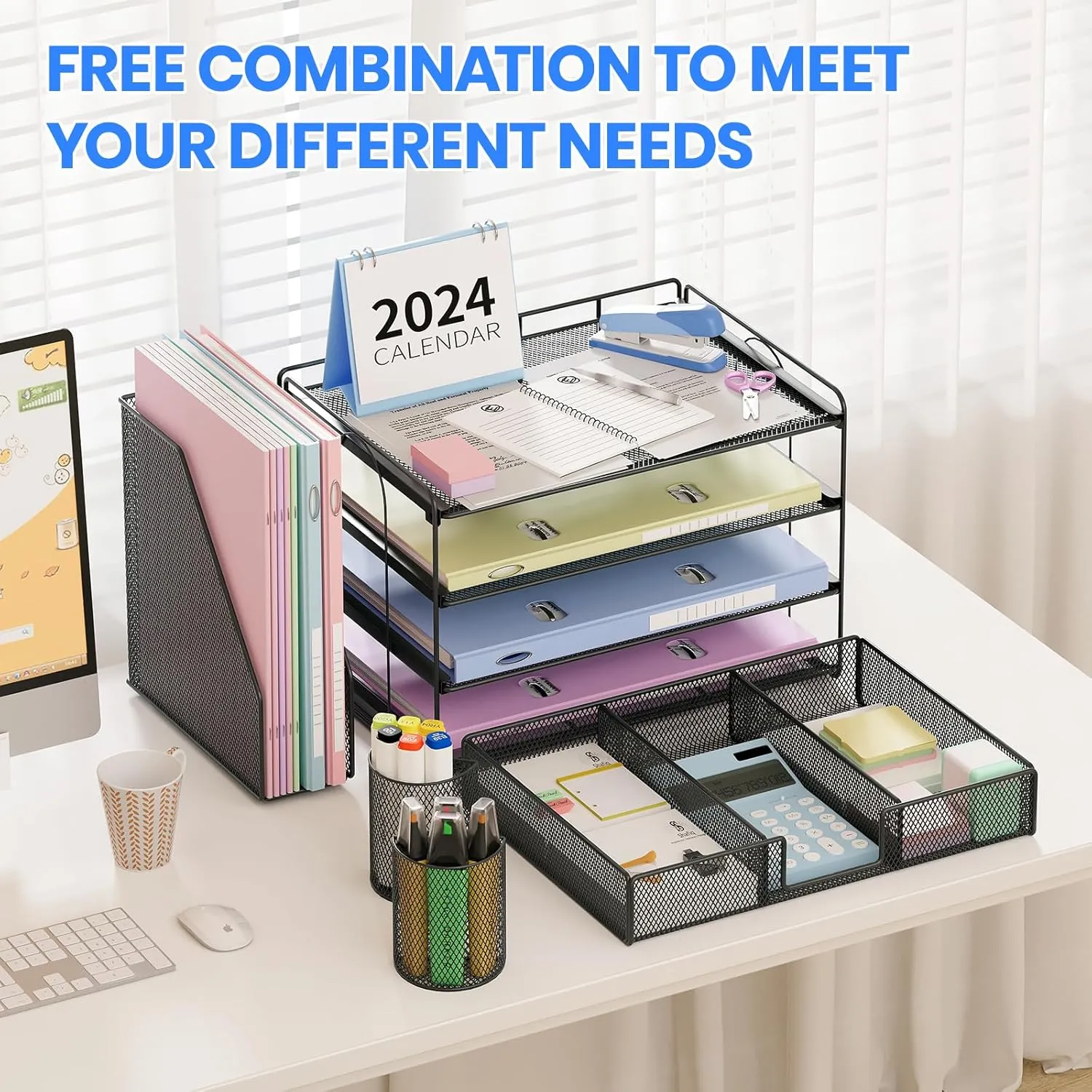 Desk Organizer and Accessories, 4-Tier Desktop File Organizer with Drawer and 2 Pen Holders, Office Desk Accessories for Office Supplies(Black)