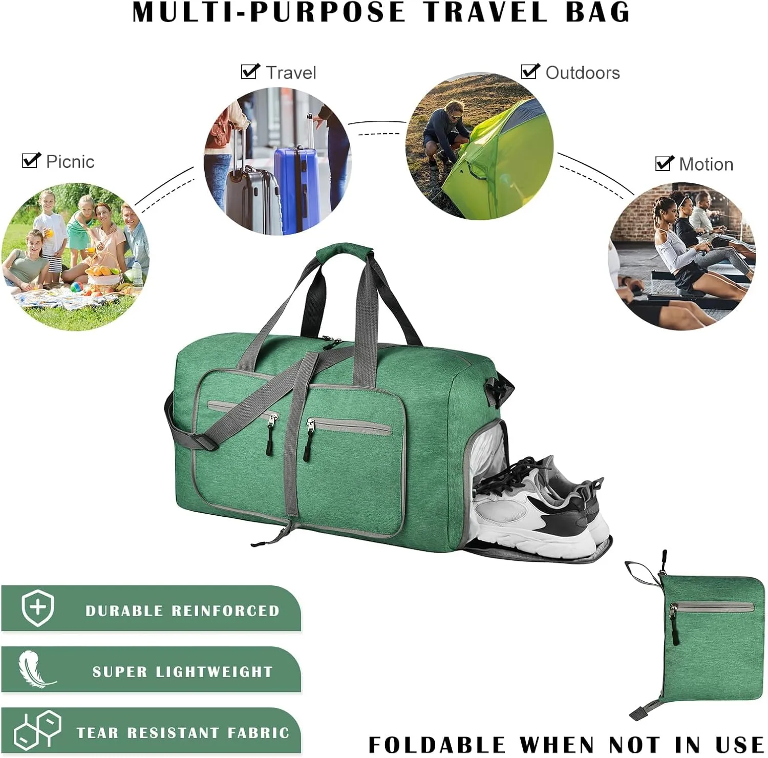 Dimayar 65L Travel Duffle Bag - Foldable Duffel Bag with Shoes Compartment - Overnight Bags Waterproof & Tear Resistant(ForestGreen)