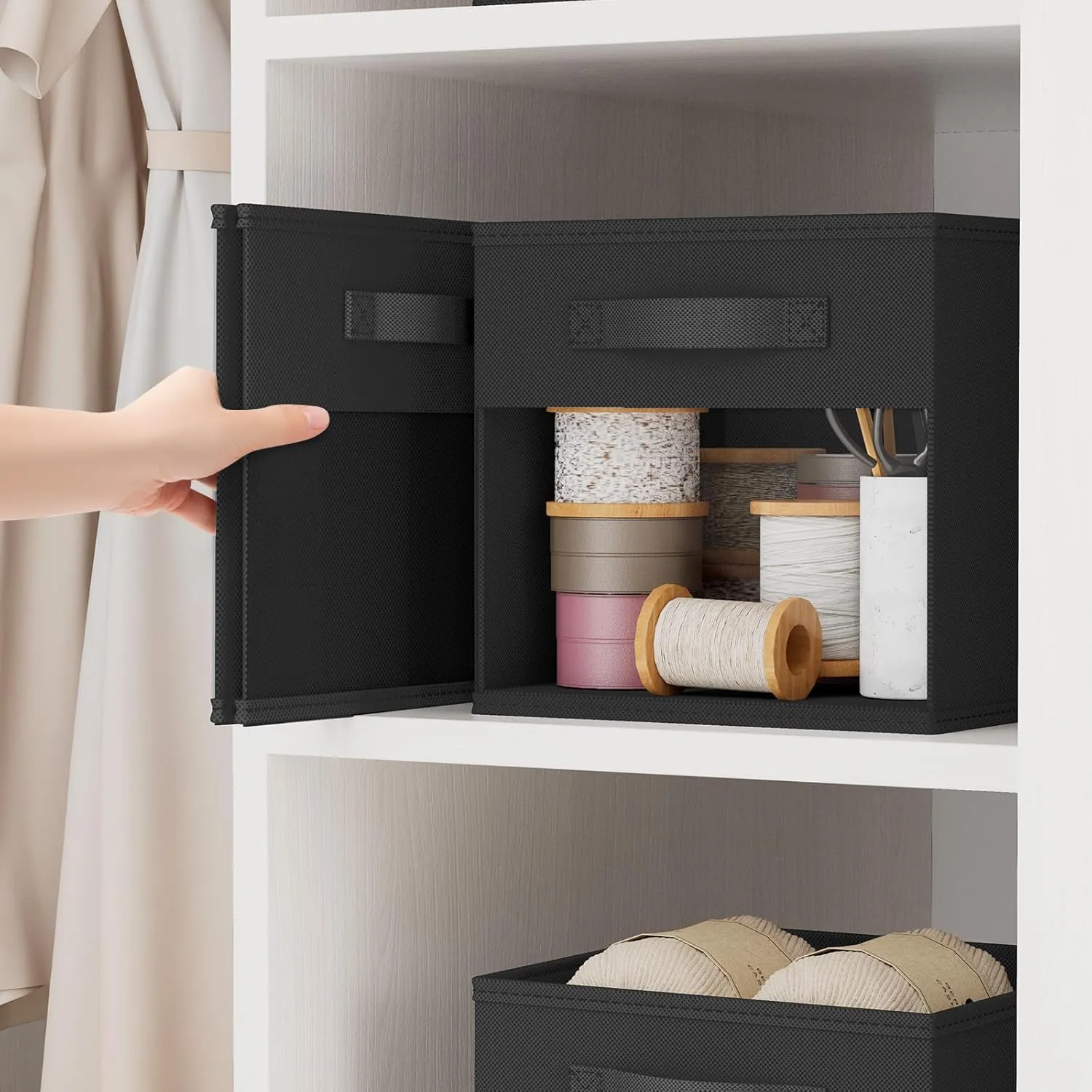 DIMJ Collapible Storage Cubes, 12.2 Inch Cube Storage Bins with Window, Fabric Baskets for Shelves, Foldable Cube Storage Organizer Cube Bins for Closet, Shelves, Home, Office, 6 Packs, Black