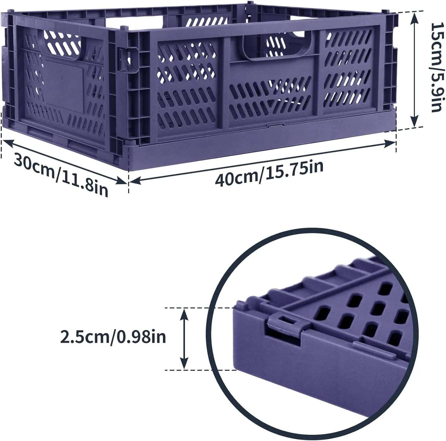Domiella 2-Pack Crates for Storage, Storage Crates Plastic Stackable, Foldable Crate for Office Home Kitchen Bedroom Bathroom (Large, Blue)