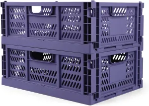 Domiella 2-Pack Crates for Storage, Storage Crates Plastic Stackable, Foldable Crate for Office Home Kitchen Bedroom Bathroom (Large, Blue)