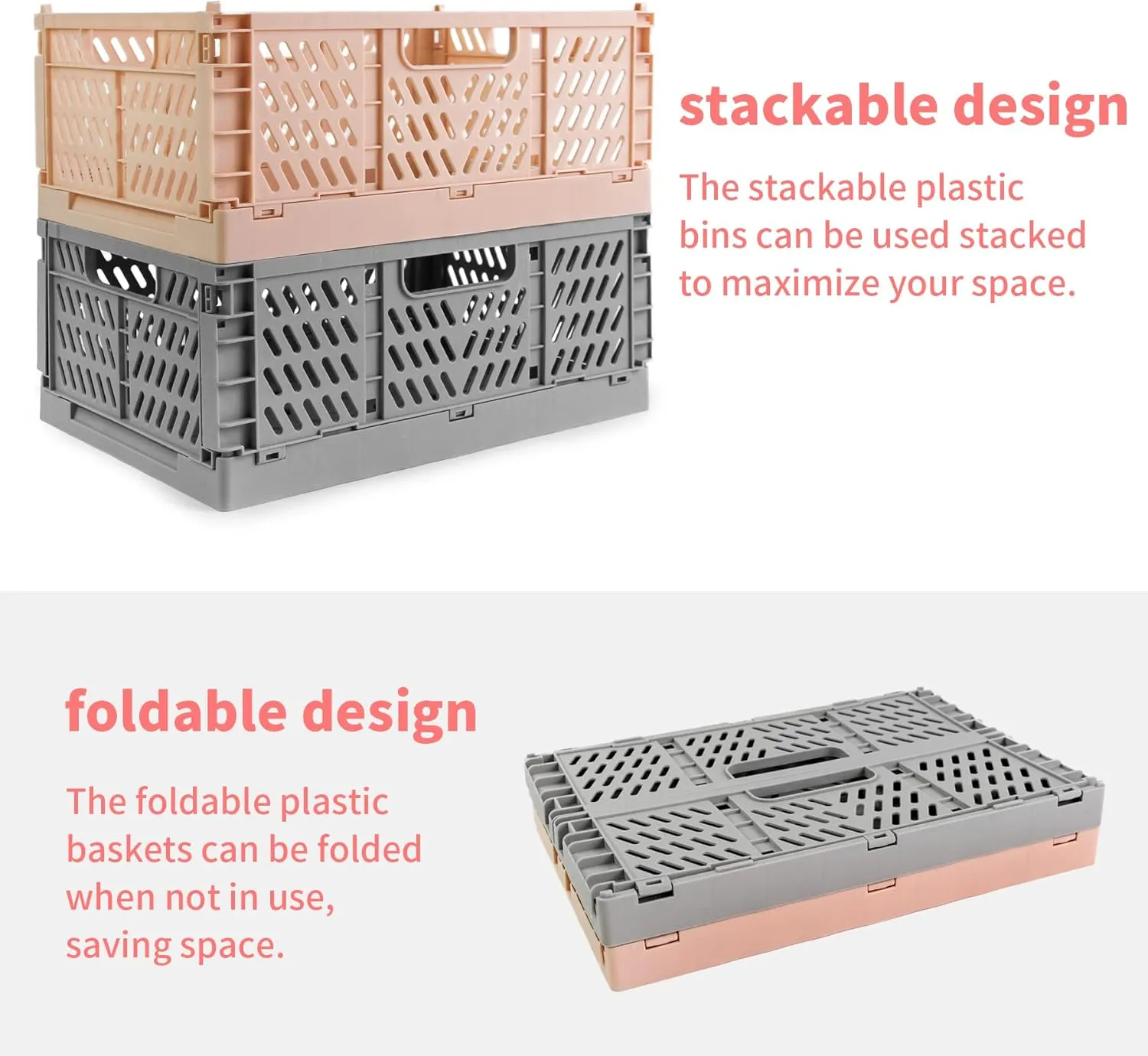 Domiella 2-Pack Crates for Storage, Storage Crates Plastic Stackable, Foldable Crate for Office Home Kitchen Bedroom Bathroom (Large, Blue)