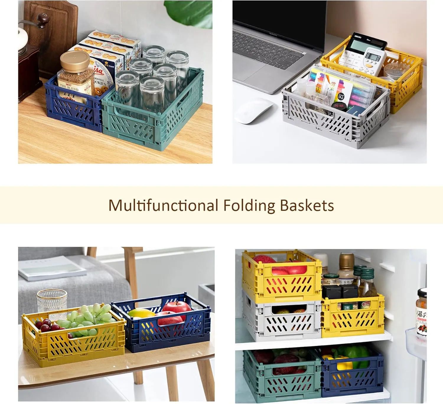 Domiella 2-Pack Crates for Storage, Storage Crates Plastic Stackable, Foldable Crate for Office Home Kitchen Bedroom Bathroom (Large, Blue)