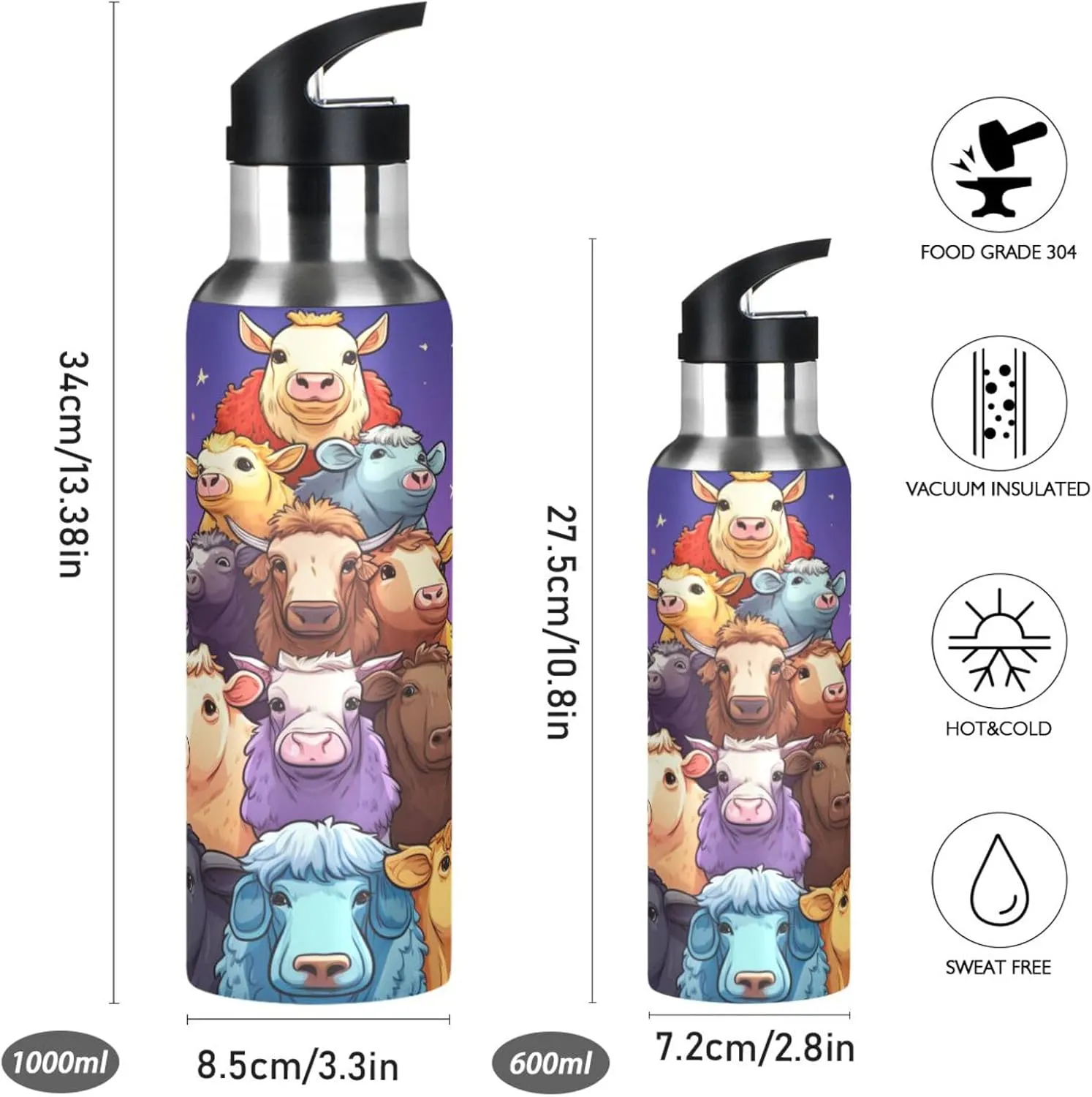 Doodle Art Animal Cow Sport Water Bottle Insulated Stainless Steel Large Vacuum Flask Leak Proof Thermos with Straw for Travel(600ml/1000ml)