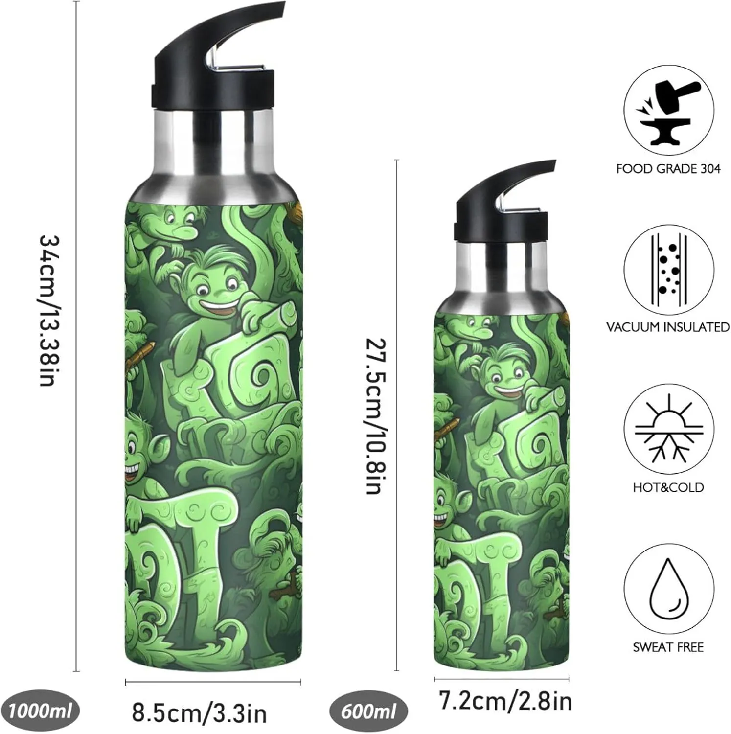 Doodle Cartoon Monkeys Sport Water Bottle Insulated Stainless Steel Large Vacuum Flask Leak Proof Thermos with Straw for Travel(600ml/1000ml)
