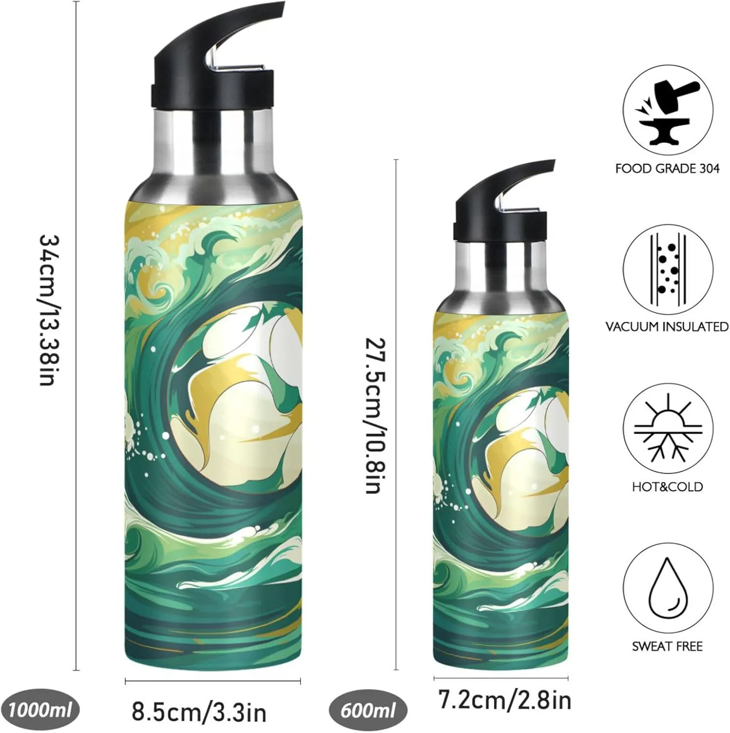 Doodle Cartoon Sea Ball Sport Water Bottle Insulated Stainless Steel Large Vacuum Flask Leak Proof Thermos with Straw for Travel(600ml/1000ml)