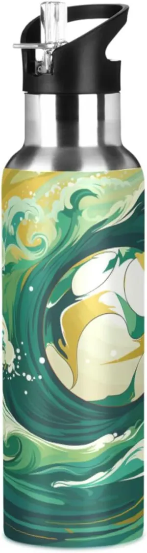 Doodle Cartoon Sea Ball Sport Water Bottle Insulated Stainless Steel Large Vacuum Flask Leak Proof Thermos with Straw for Travel(600ml/1000ml)