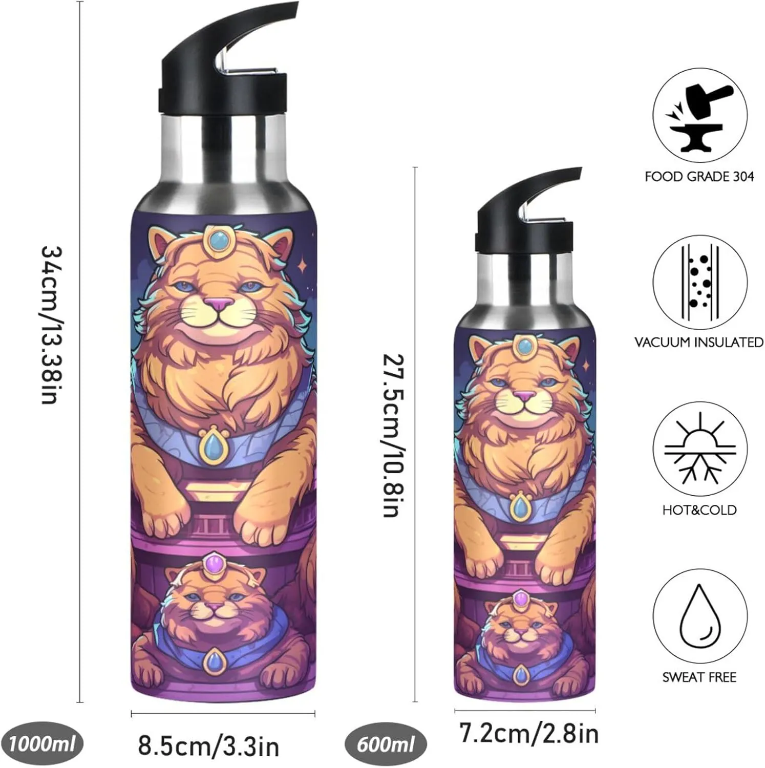 Doodle Style Cute Tiger Sport Water Bottle Insulated Stainless Steel Large Vacuum Flask Leak Proof Thermos with Straw for Travel(600ml/1000ml)