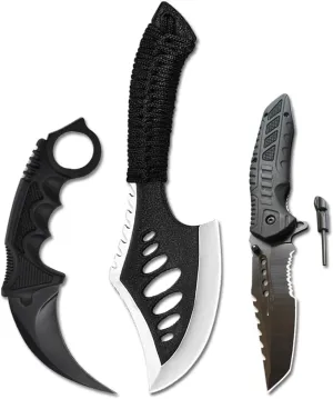 DOOM BLADE 3 Piece Small Survival Hatchet Parachute Cord Camping Axe&Fixed Blade Knife Combo Set,Tomahawk,Pocket Folding Knives,440C Steel Blade with Nylon Sheath for Outdoor Hunting Camping (Type-2)
