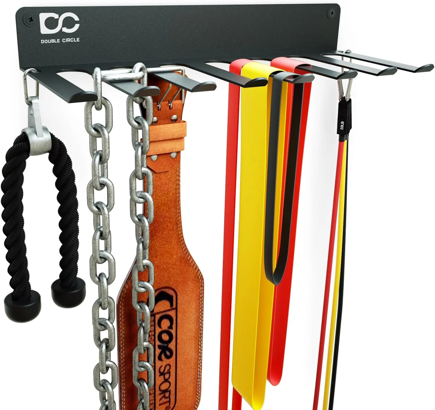 Double Circle Gym Equipment Storage Rack - Multi Purpose Gym Equipment Wall Rack Hanger for Pro Home Gym Storage for Exercise Bands, Barbell Bar, Jump Ropes, Chains, Lifting Belts (17" - Hooks)